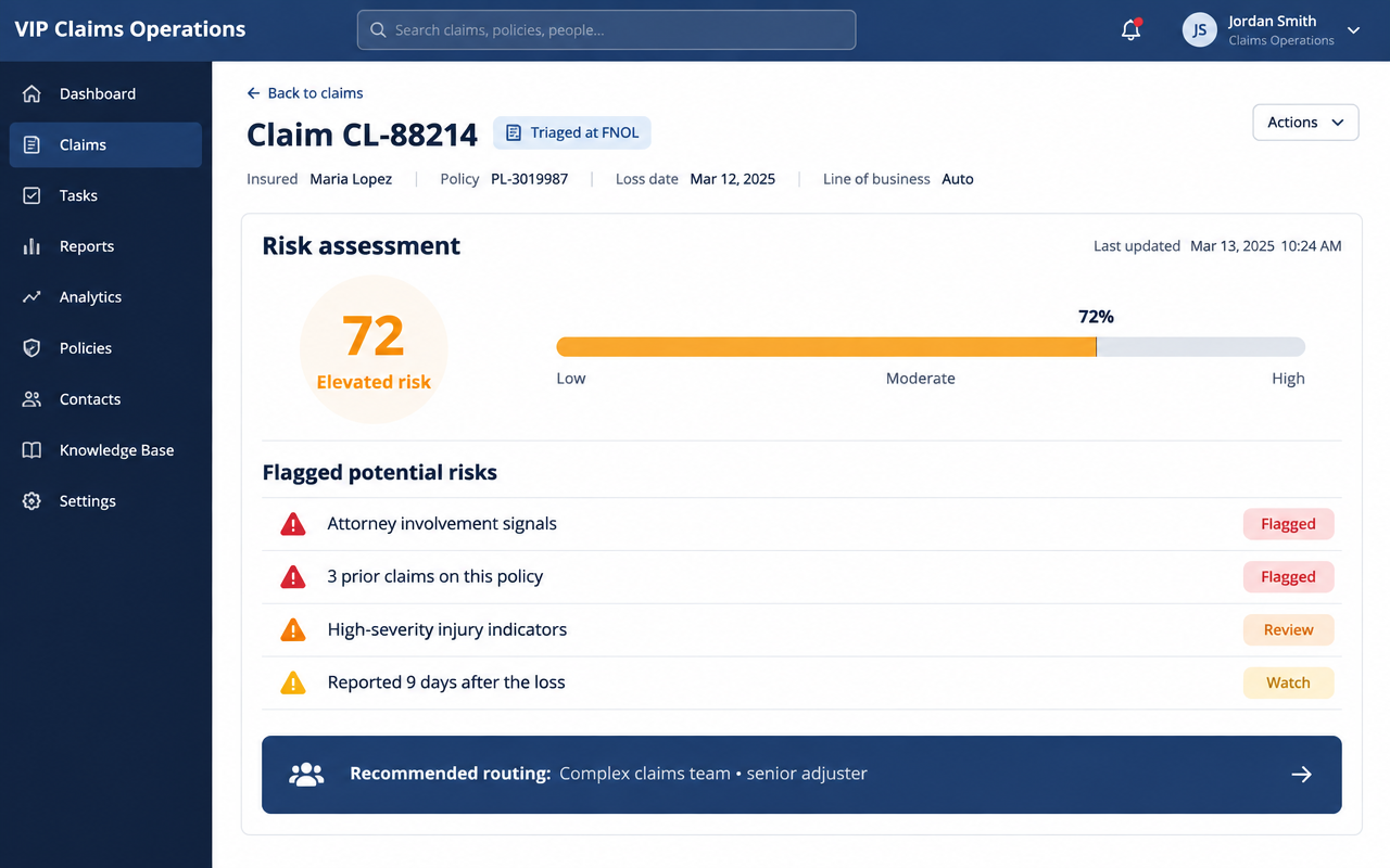 VIP risk assessment screen for claim CL-88214 showing an elevated risk score of 72 and flagged potential risks, routed to the complex claims team