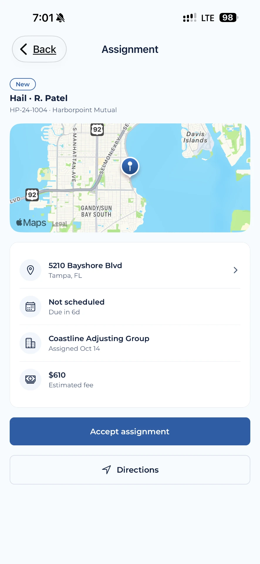 VIP Mobile assignment screen with a map, address, due date, assigning firm and estimated fee