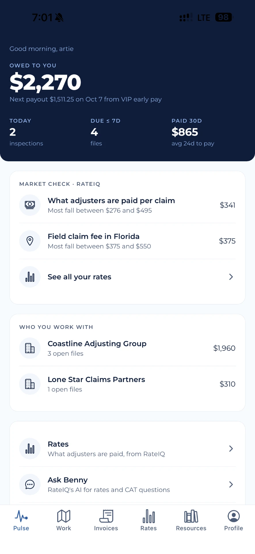VIP Mobile home screen showing money owed, upcoming payout, rateIQ market check and the firms you work with