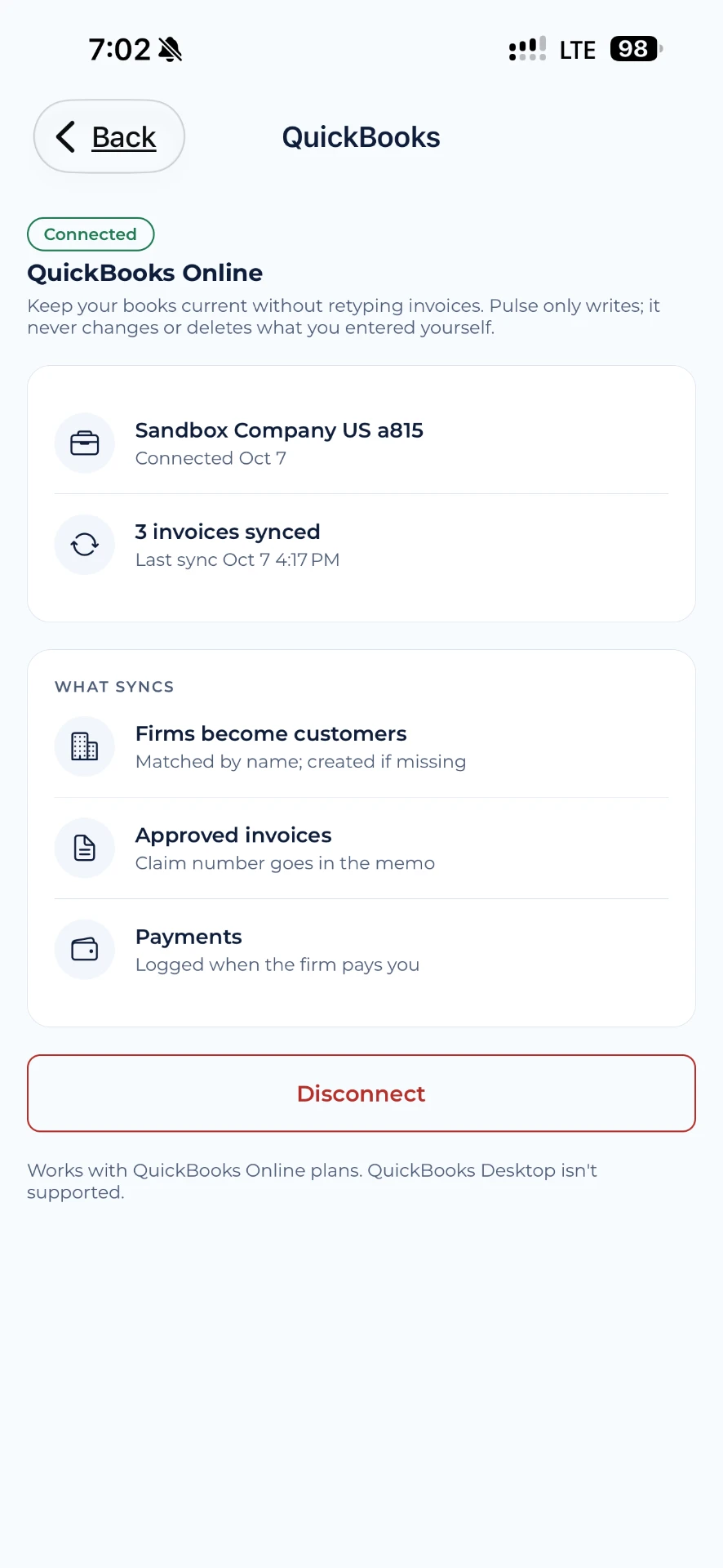 VIP Mobile QuickBooks screen showing a connected QuickBooks Online company and what syncs